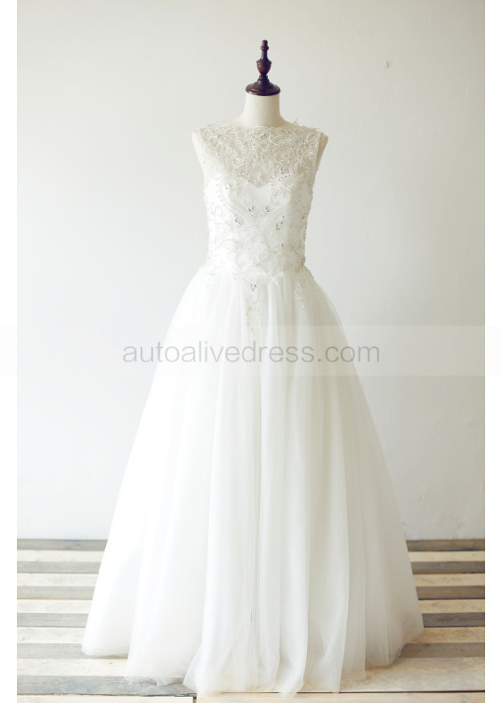 Beaded Ivory Lace Tulle Anniversary Wedding Dress